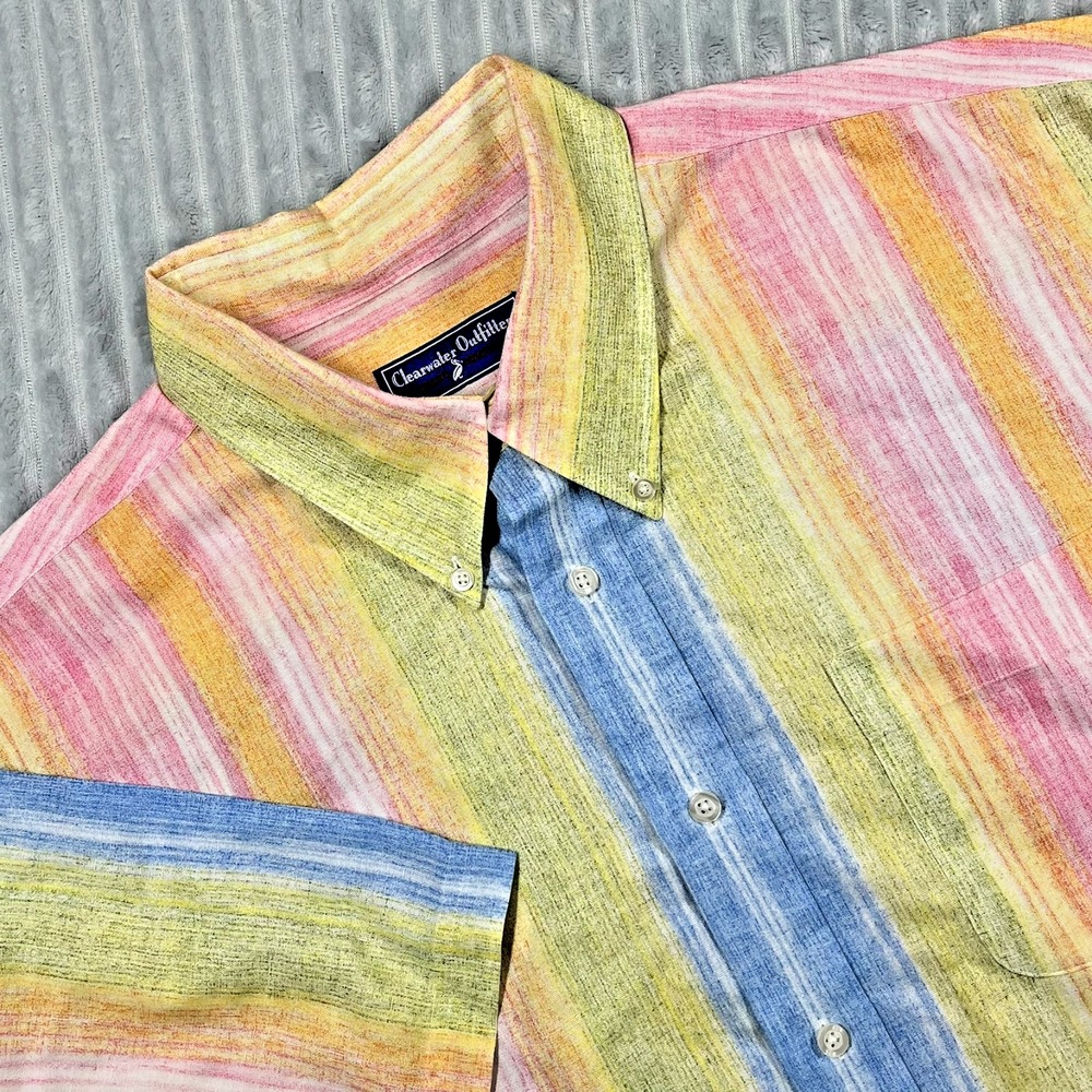 Linen Blend Button Down Shirt Men's XL Colorful Rainbow Pride Resort Beach Vacay